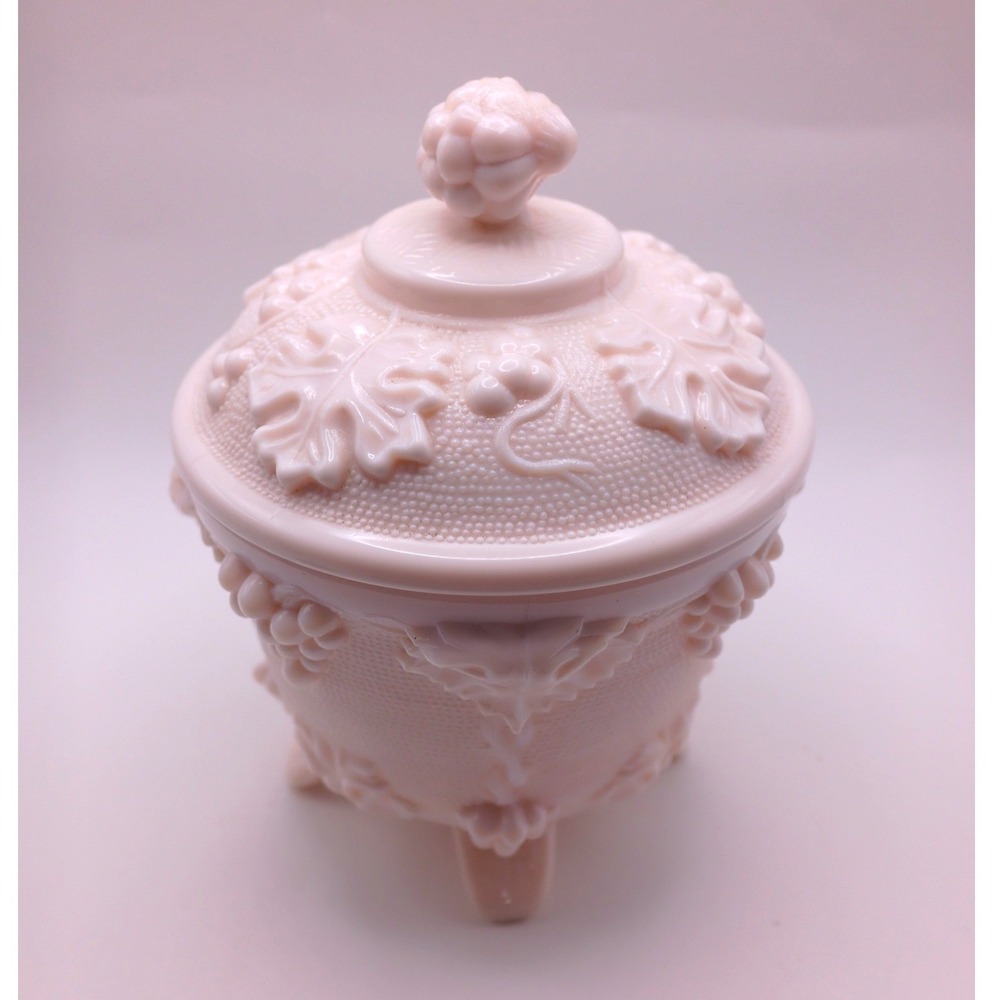 Vintage Pink Milk Glass Candy Dish 5in Grape Leaf Embossed Lidded Footed